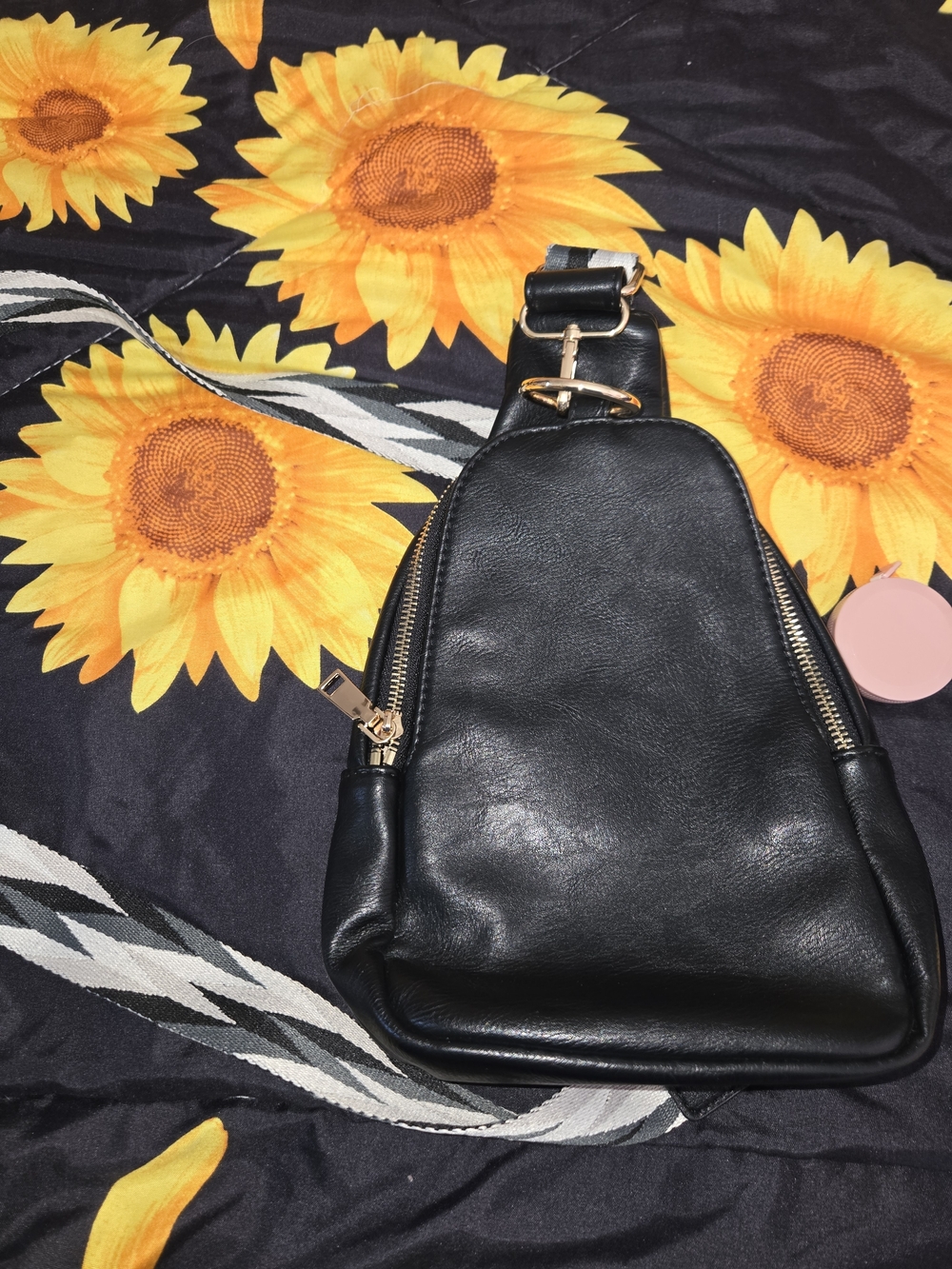 Black Vegan Leather Sling Bag with Gold Hardware